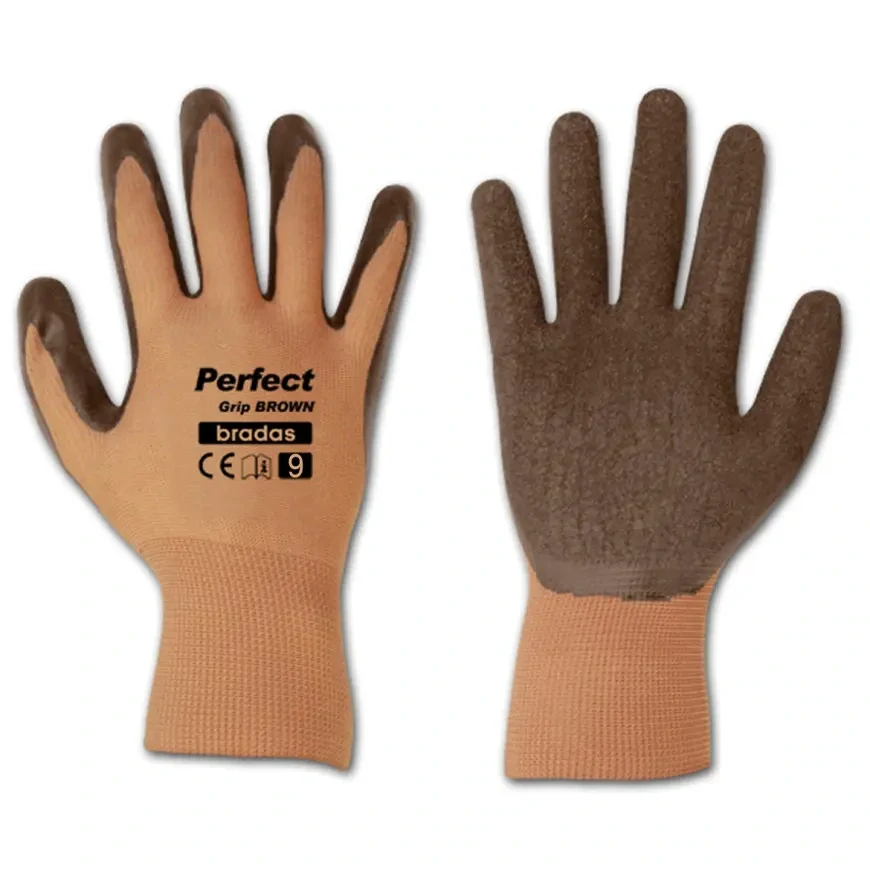 Rukavice pracovné hnedé polyester Latex vel.9